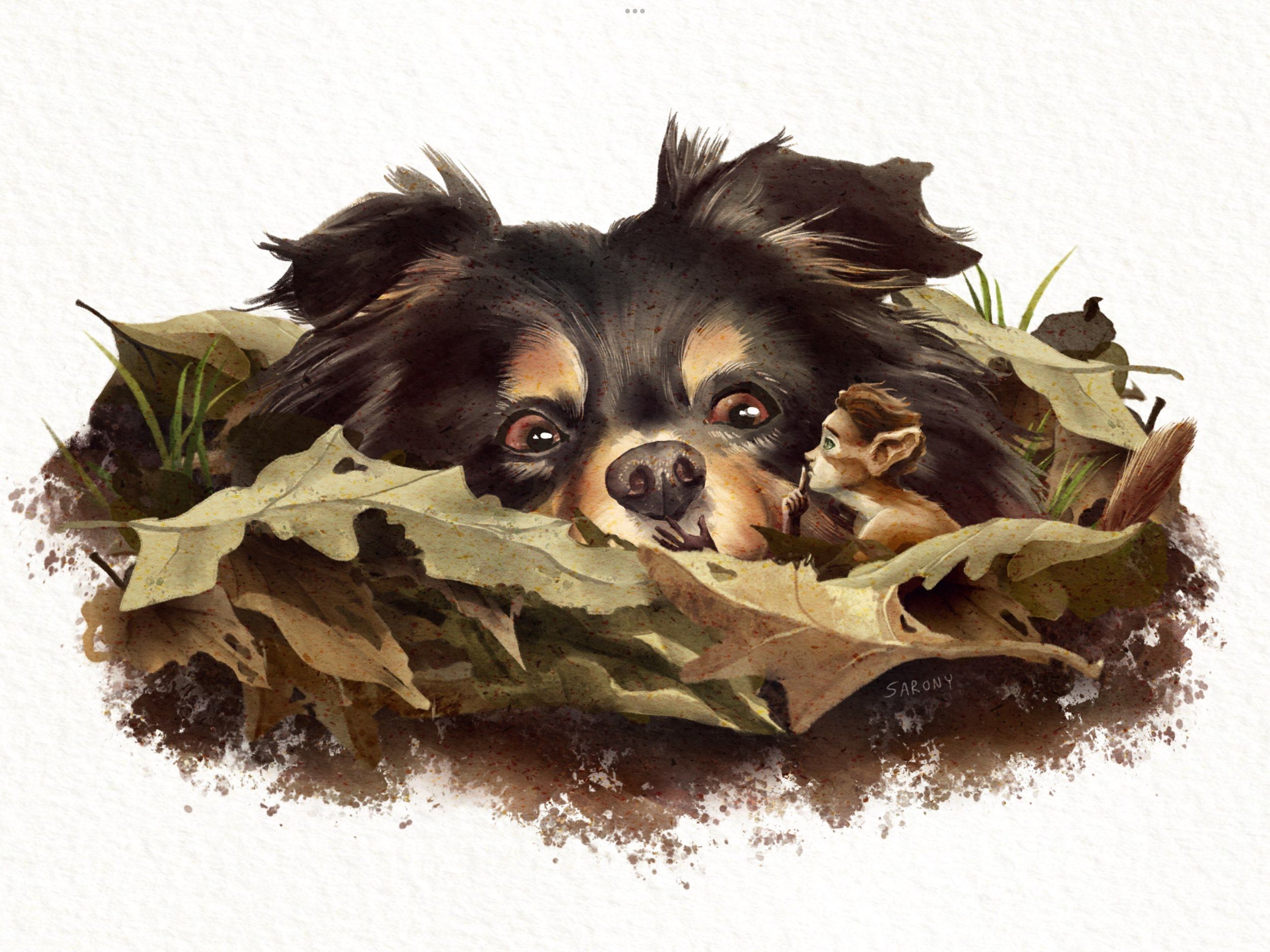 A small magical woodland creature hides in a pile of leaves with a small dog. The creature covers the dogs mouth and genthly shushes them.