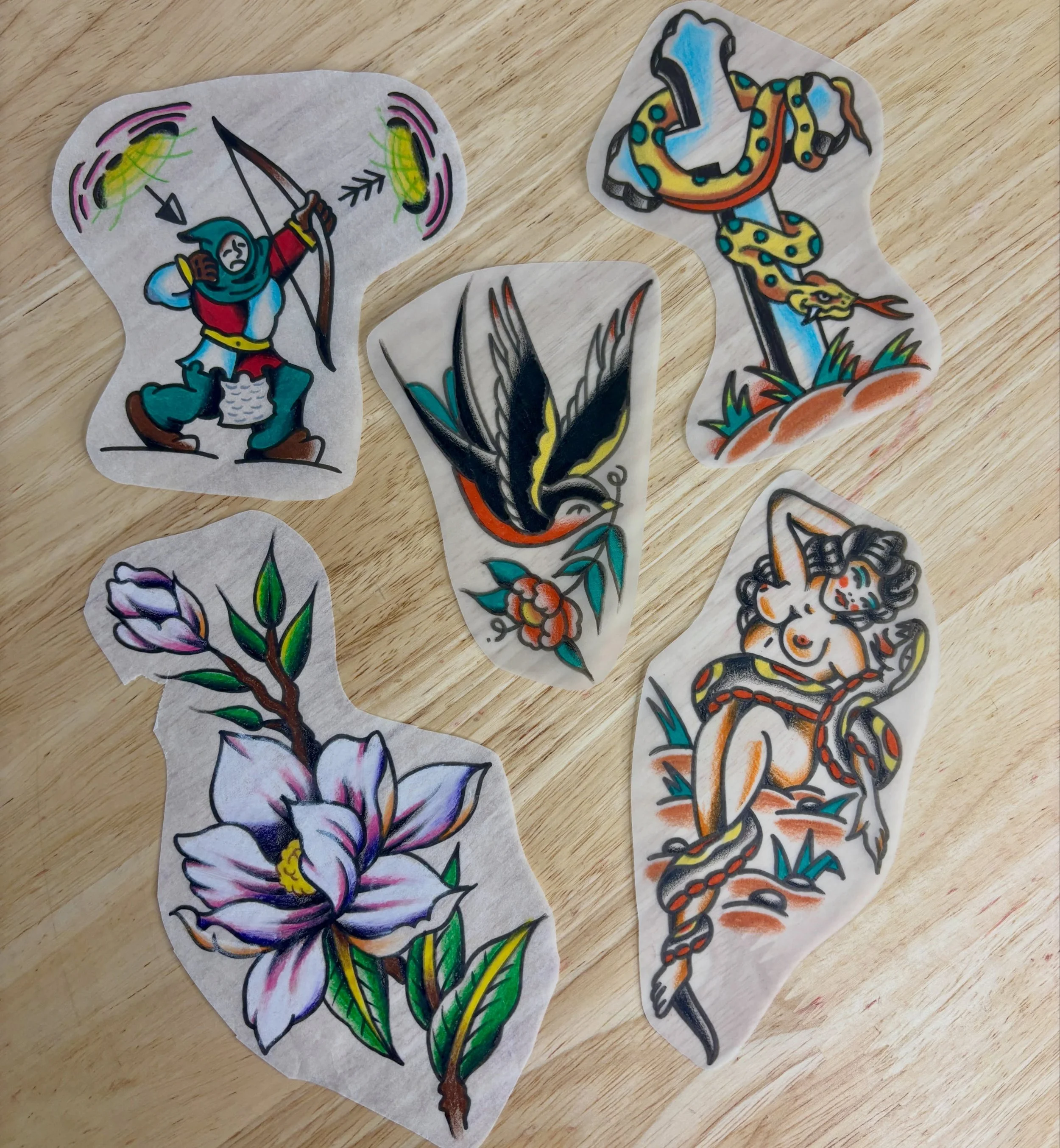 Menu refresh! 
Some old, some new, all available, from me to you. 

Available in black or colour. 
DM me to get one or use the booking form on my website! 
🧙&zwj;♂️ 🔮 ⚡️ 

#tattooflash #traditionaltattoo #sydneytattoo #tattooart #tradtattoos