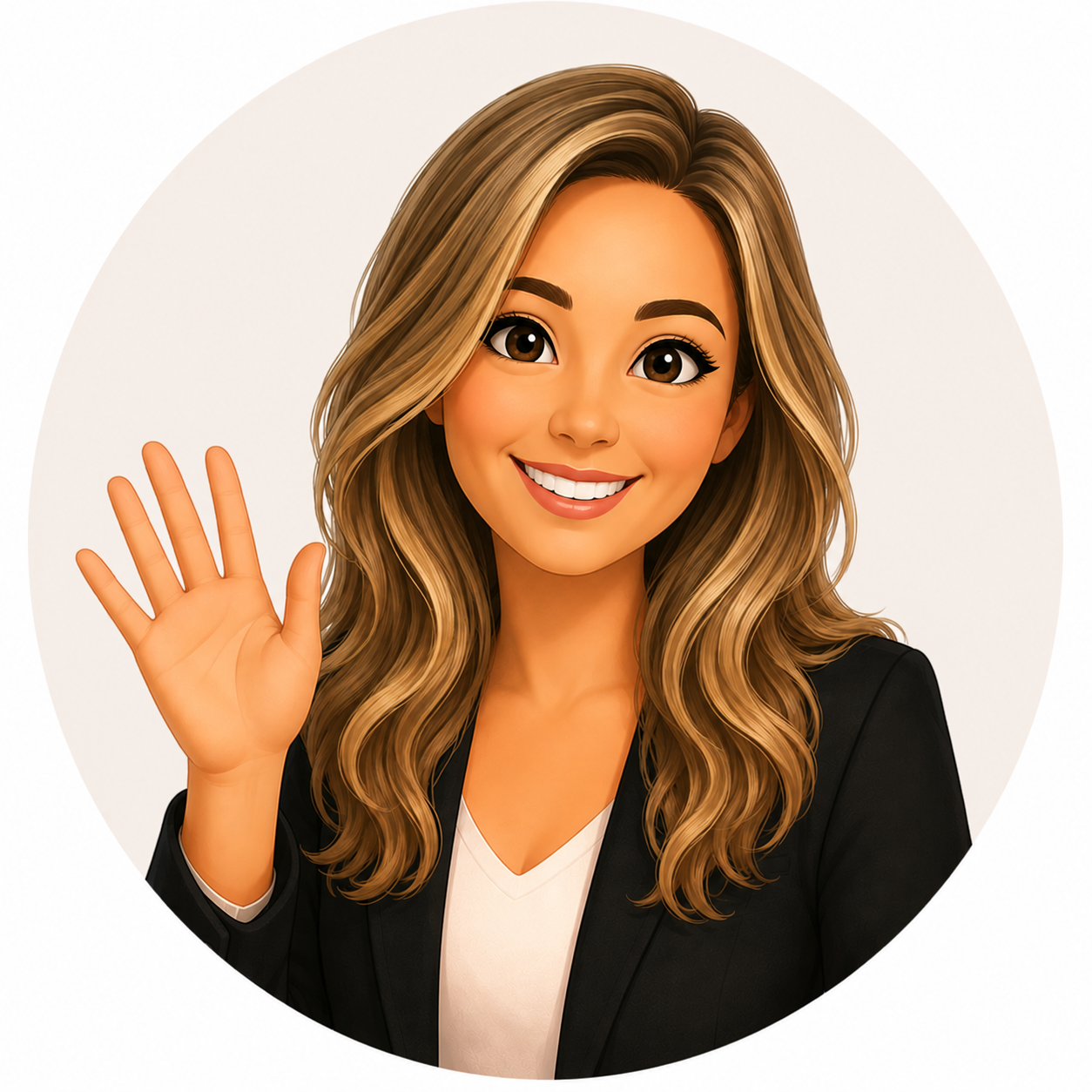 A cartoon woman with long wavy blonde hair, smiling and waving as she introduces herself and her Launch My Website business. She is wearing a black blazer over a white top, set against a plain white background.