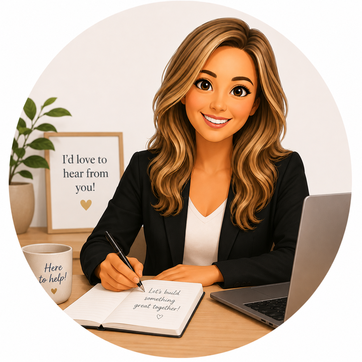 A woman with long, wavy blonde hair sitting at a desk, smiling, with a laptop, a notebook, and a white mug that says 'Here to help!'. There is a framed sign in the background that says 'I'd love to hear from you!' and a potted plant.