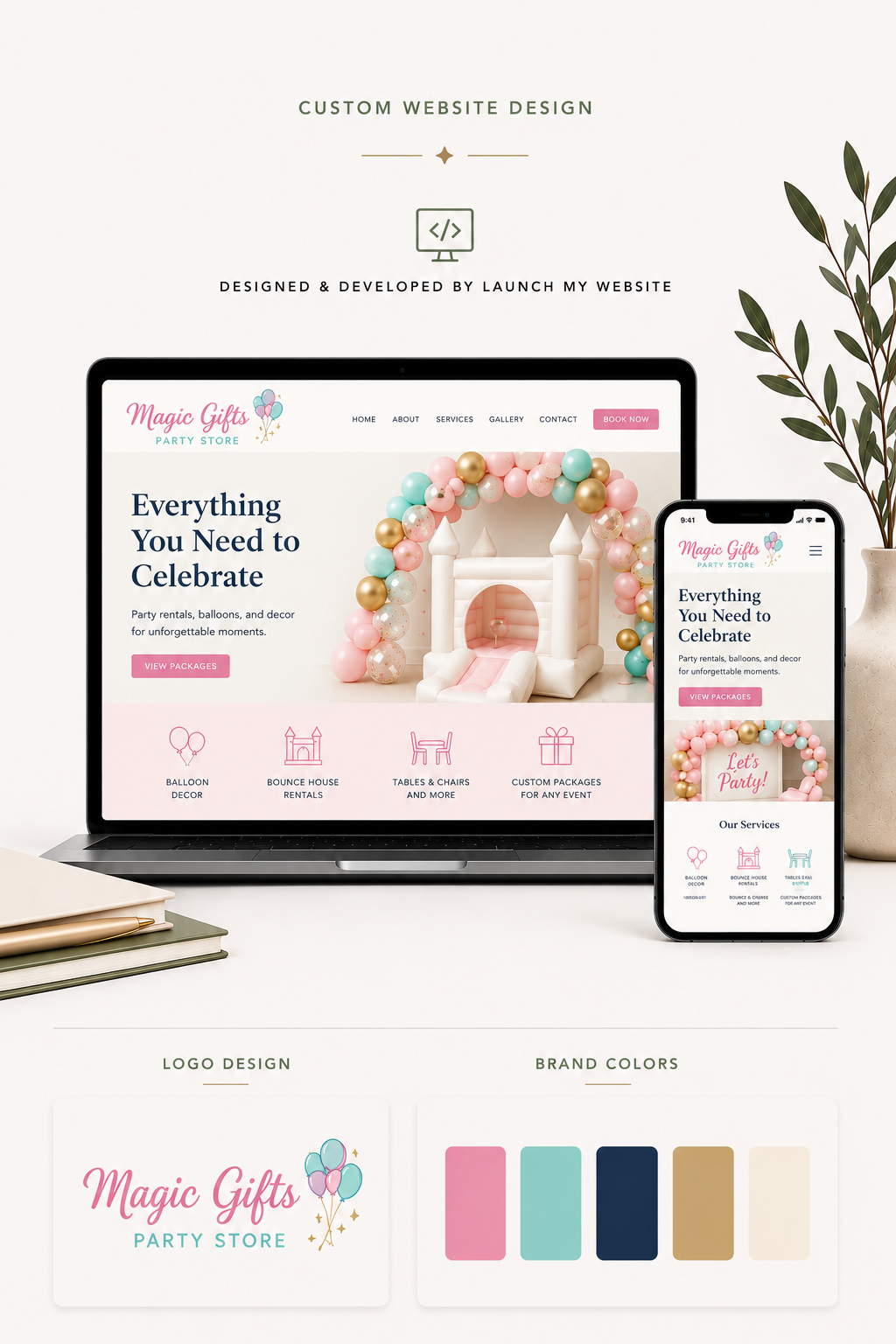 Example webpage created by Launch My Website on a laptop & phone for a "Magic Gifts" store. Features a pink & white color theme. The page includes menu options, and custom packages. The background has a minimalistic design with a plant to the right.
