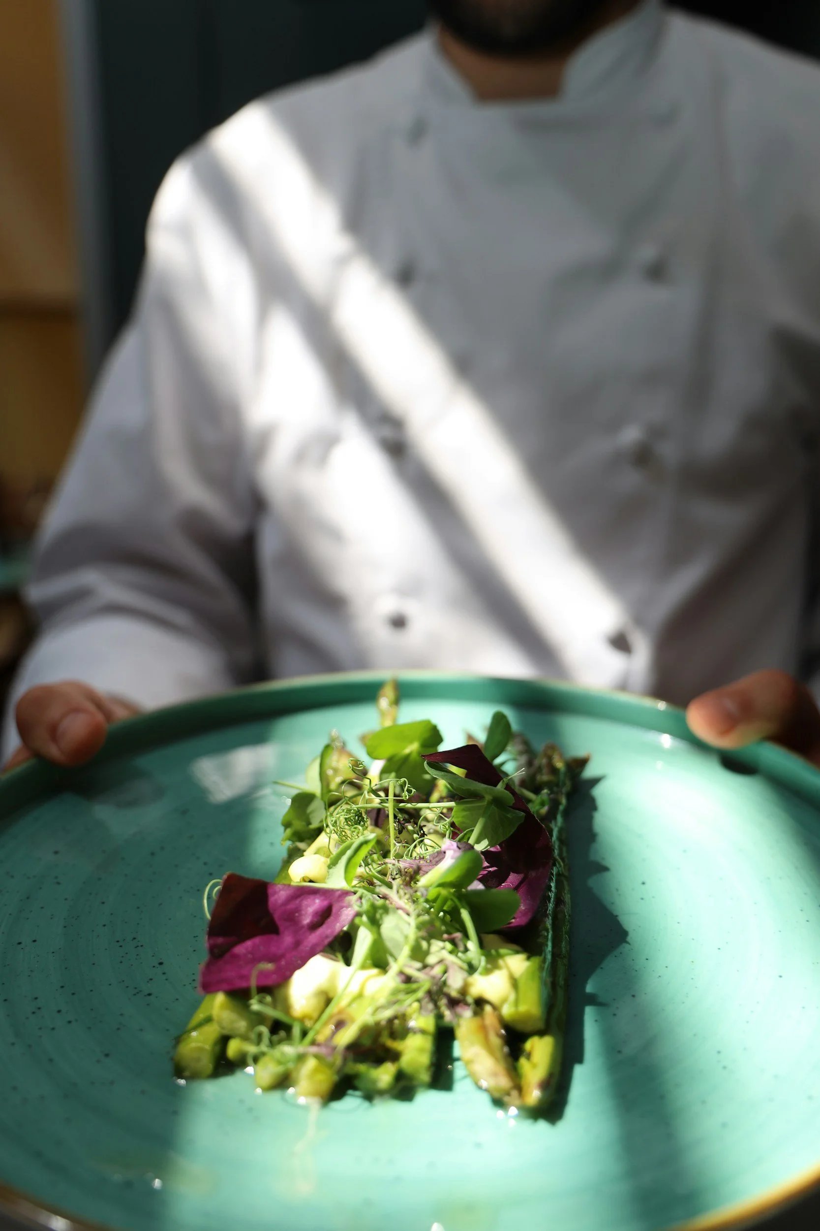 A chef in a white coat holds a turquoise plate with a small salad garnished with greens and edible flowers.