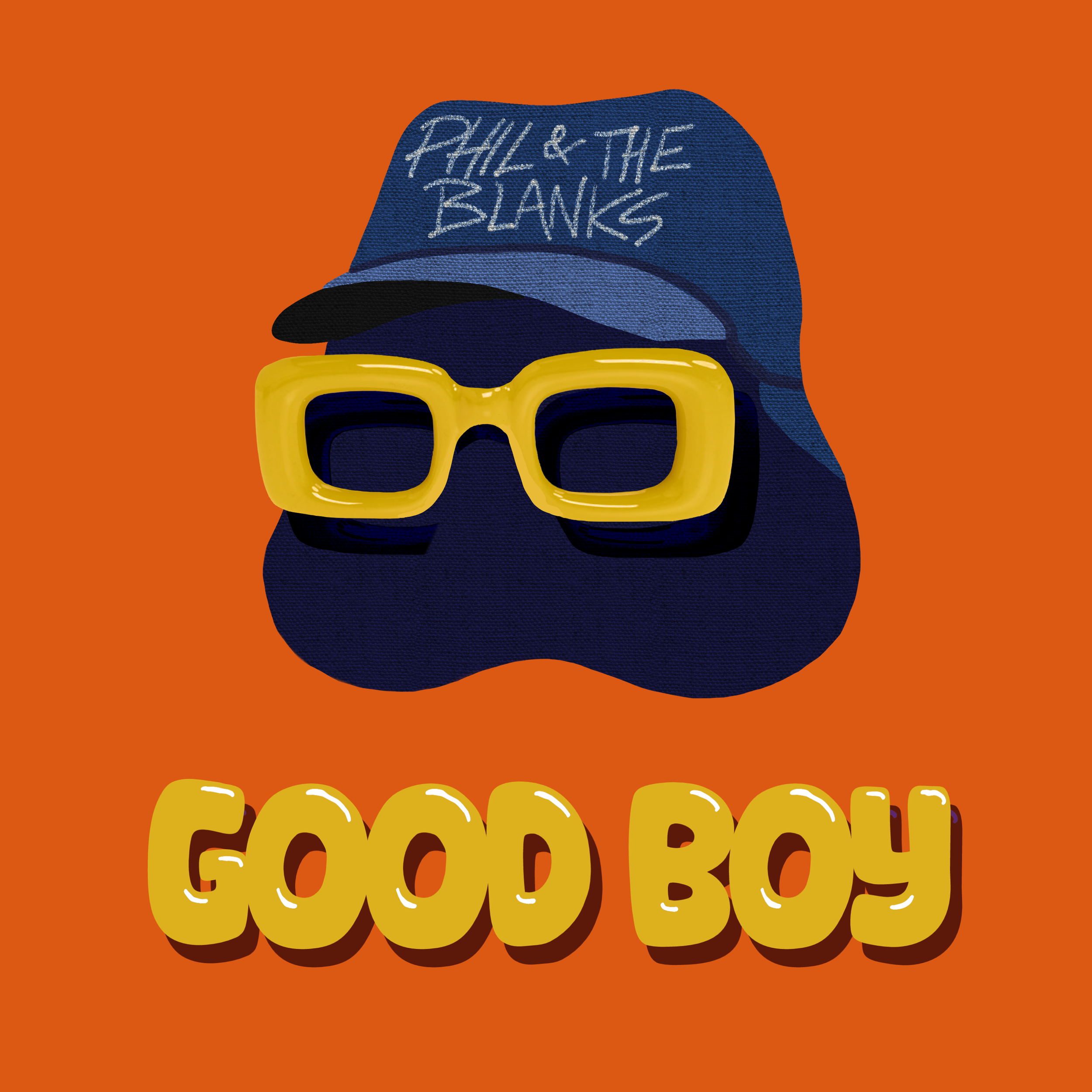 Close-up of a blue baseball cap with embroidered text, yellow sunglasses, and a partially visible graphic with yellow and black colors on an orange background.