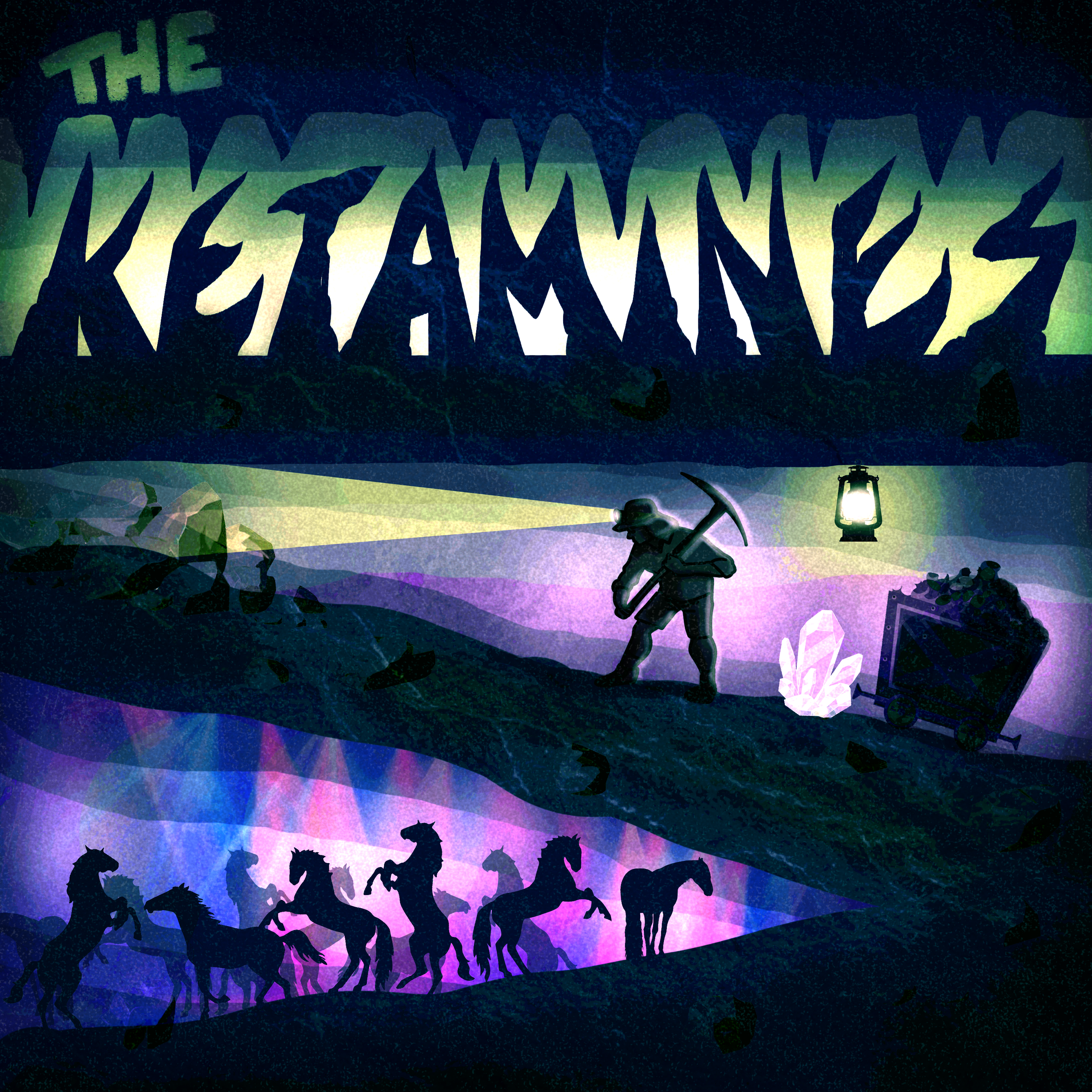 Silhouettes of a parade of zebras walking in front of an illustration of a wolf howling at a moon with purple crystals and a lantern illuminating the scene.
