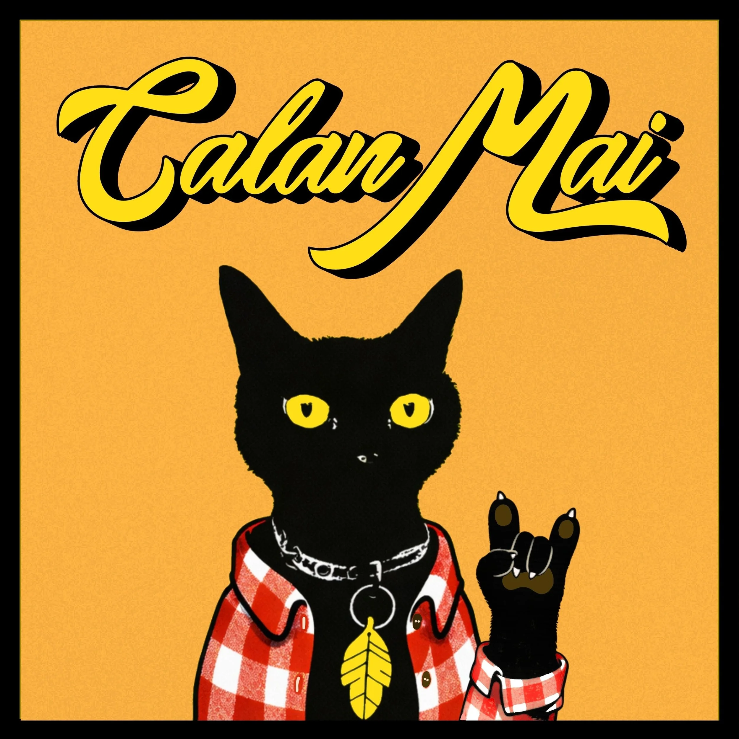 Close-up of a cartoon black cat wearing a red and white checkered shirt, a necklace with a yellow feather pendant, and red shoes. The background is yellow with black borders.