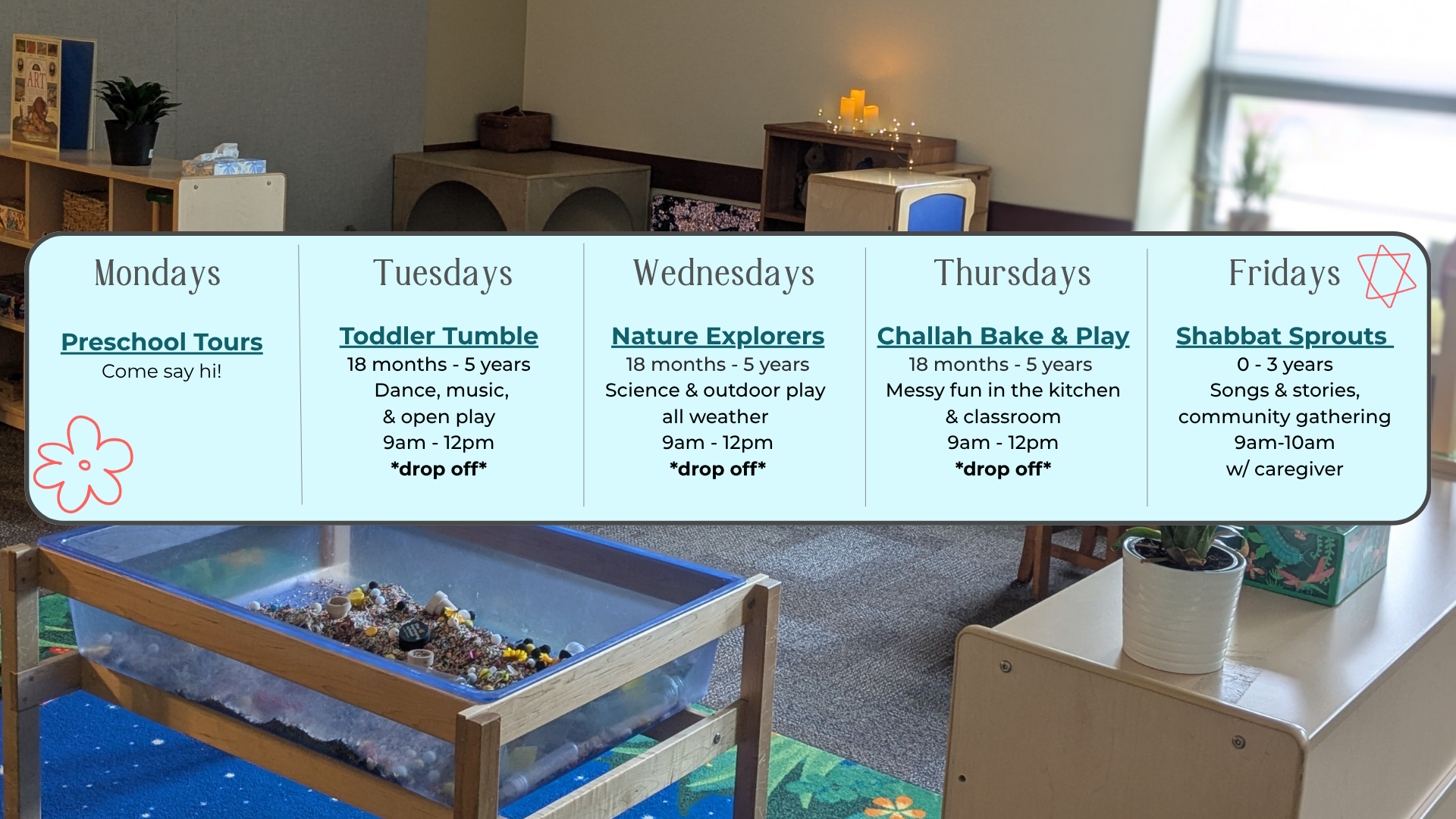A weekly schedule sign for children's activities, placed in an indoor setting with children's furniture. The sign lists activities from Monday to Friday, including Preschool Tours, Toddler Tumble, Nature Explorers, Challah Bake & Play, and Shabbat Sprouts, with times and descriptions. The background shows a room with a window, potted plants, and toys or decorations.