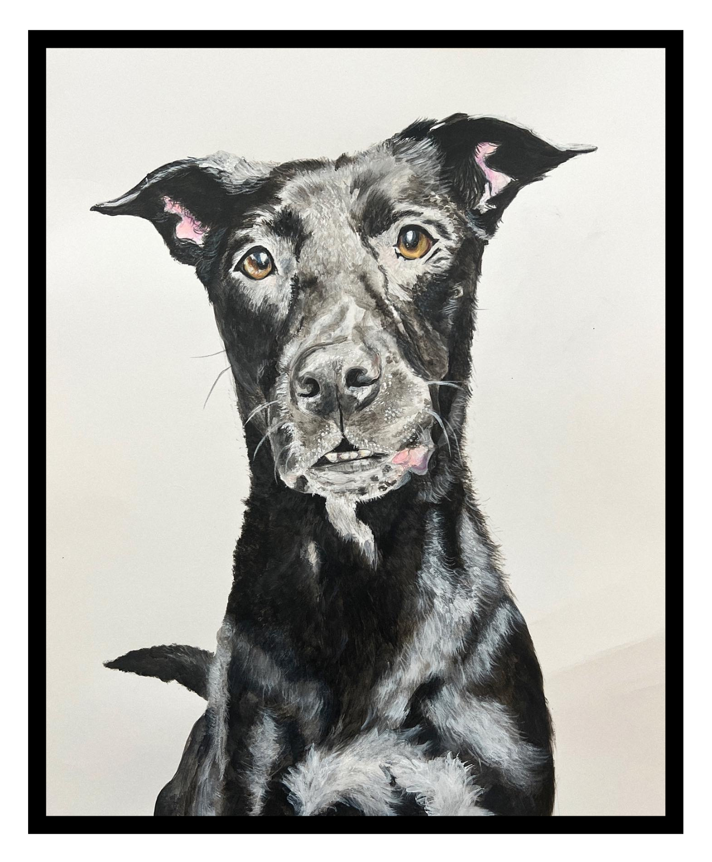 A realistic painting of a black dog with gray and white markings, sitting and facing forward, with a black border and a white background.