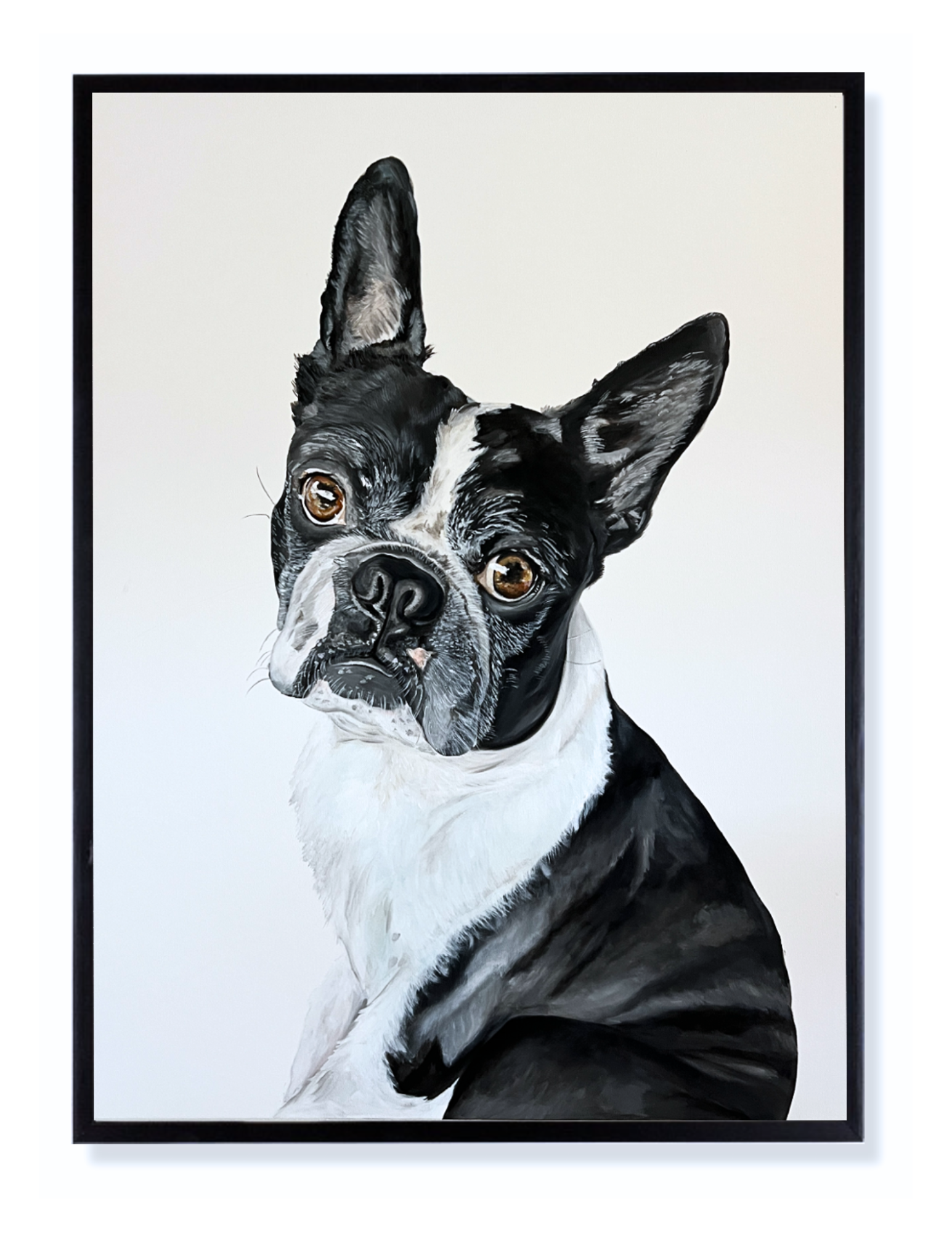 Painted portrait of a black and white dog, likely a Boston Terrier, looking at the camera with large ears and expressive eyes, framed and hanging on a white wall.