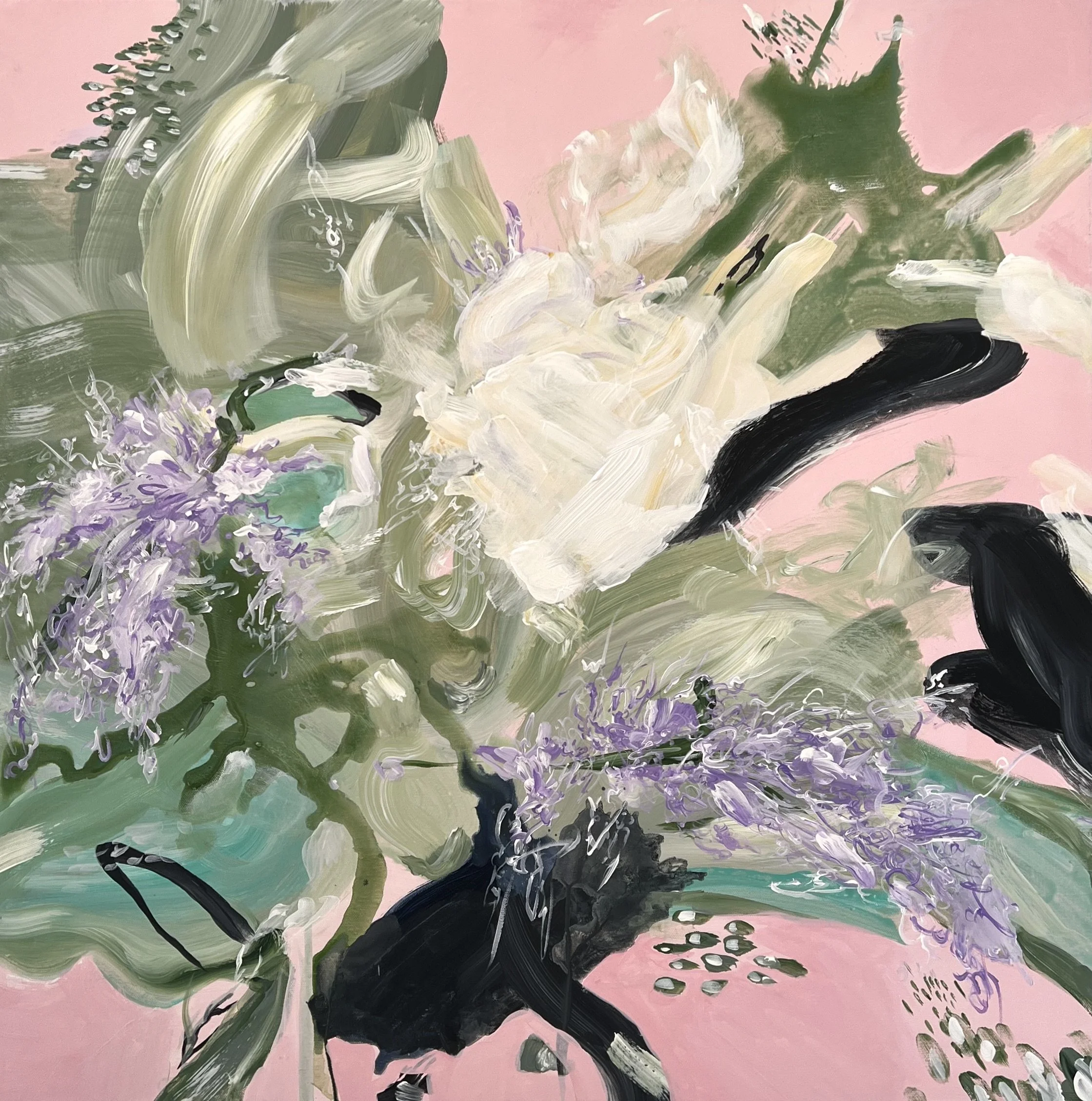 An abstract painting featuring sweeping brushstrokes of white, black, green, and purple colors on a pink background.