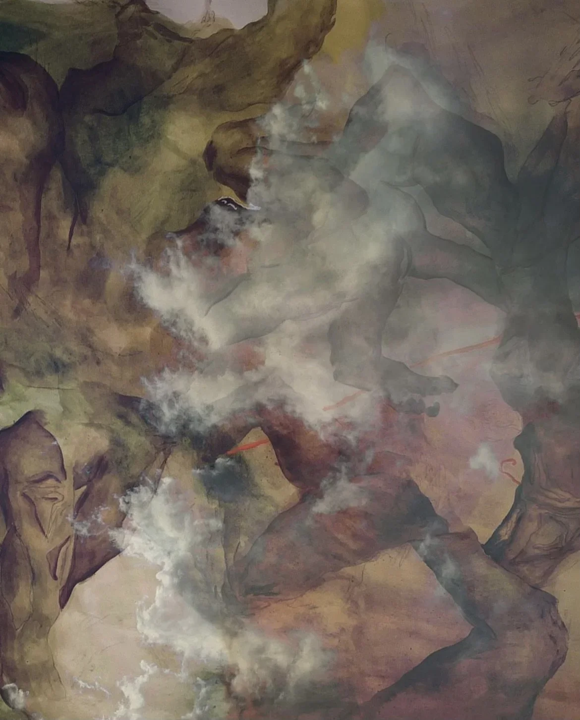 Abstract painting with dragon, clouds, and trees, featuring earthy tones and smoky effects.