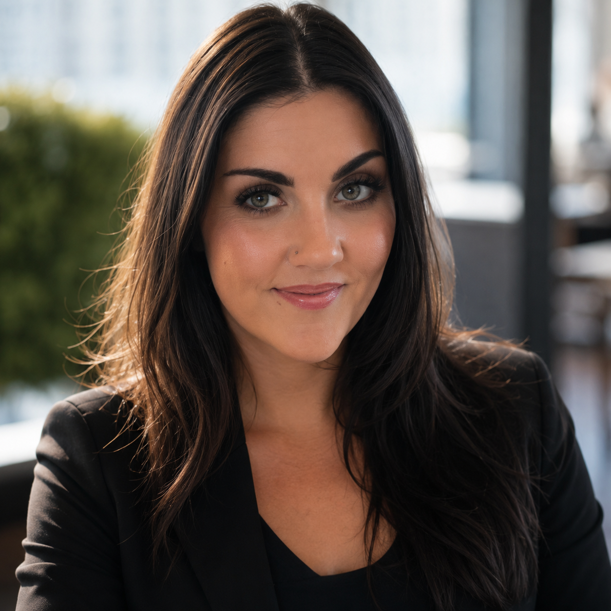 A woman with long dark hair, fair skin, and hazel eyes smiling in a professional setting.
