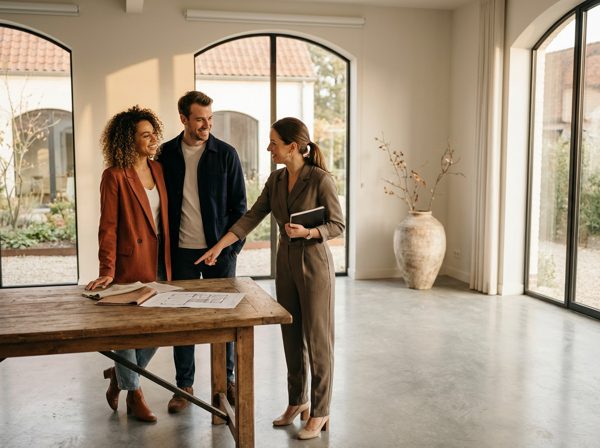 Three people in a modern, well-lit room with large windows and a potted plant, discussing plans on a wooden table with architectural blueprints.