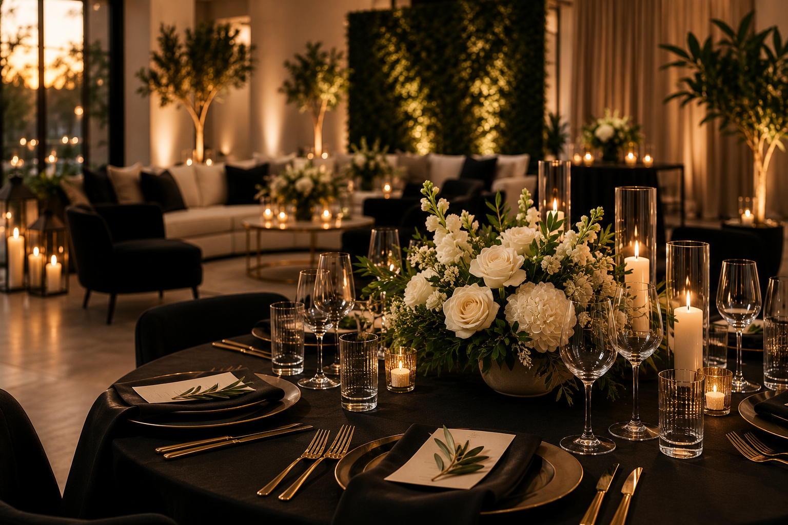 Elegant dinner table decorated with white roses and candles in a dimly lit room with lounge seating and tall windows.