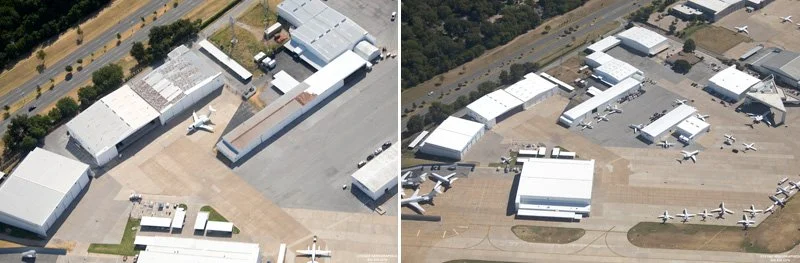 Aerial view of a small airport with multiple planes parked on the tarmac and several large hangars and storage buildings.