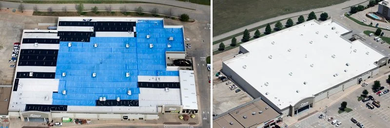 Aerial view of two large retail stores with flat roofs, one with a blue roof and the other with a white roof, surrounded by parking lots with cars.