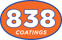 Orange and blue sign displaying the number 838 with the word 'COATINGS' underneath.