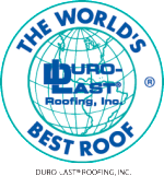 Logo for Duro-Last Roofing, Inc., featuring a blue globe with a grid pattern and the company name, with the text 'THE WORLD'S BEST ROOF' around the top and bottom of the circle.