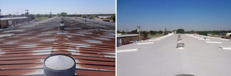 Comparison of a roof with brown rusted metal panels on the left and a painted white roof on the right, both with vent pipes and similar surroundings.