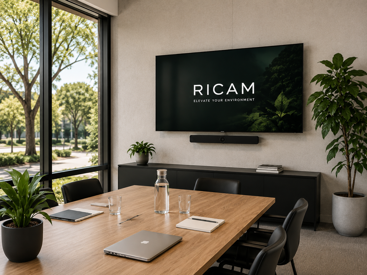Modern conference room with a wooden table, black chairs, potted plants, a large window looking outside, a wall-mounted screen displaying "RICAM" and a soundbar, and office supplies on the table.