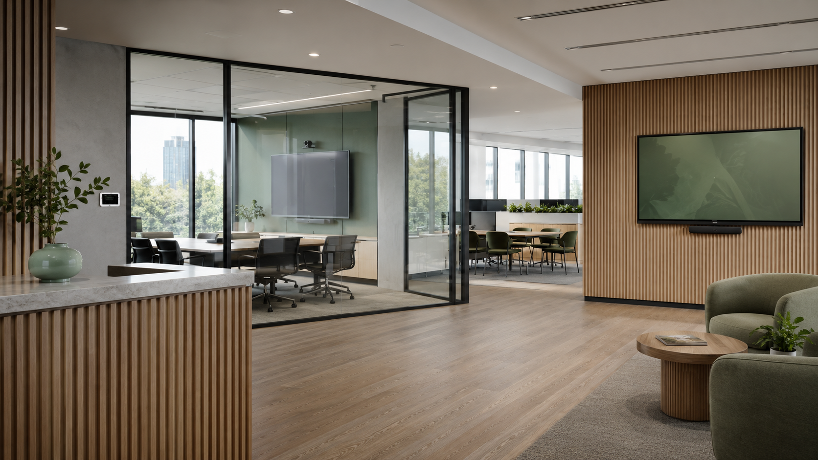 Modern office lounge with green armchair, round wooden coffee table, and large flat-screen TV mounted on a wooden-paneled wall. Behind, a conference room with glass walls, a large table, and multiple chairs. Natural light from large windows illuminates the space.