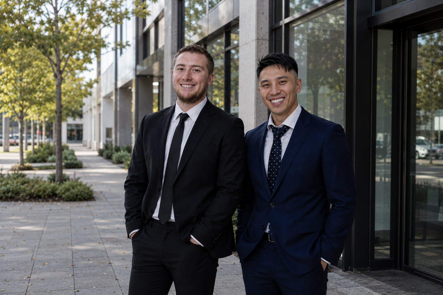 Two smiling businessmen in suits standing outside modern office building with glass windows and trees in background.