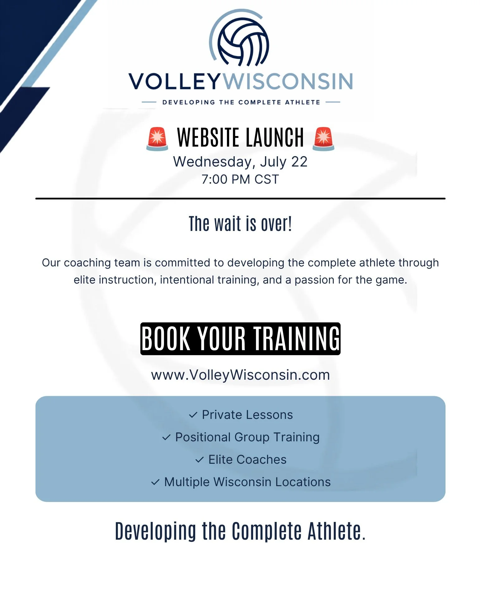🚨 THE WAIT IS OVER! 🚨

The VolleyWisconsin website goes LIVE tonight at 7:00 PM CST! 🎉

It's officially time to book your training! 🏐

✔️ Private Lessons
✔️ Positional Group Training
✔️ Elite Coaches
✔️ Multiple Wisconsin Locations

Our mission i