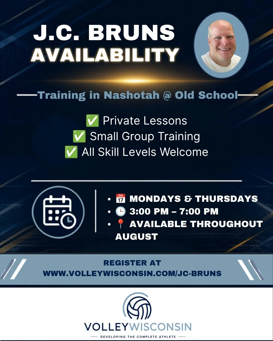 🏐 Train with J.C.!

Looking to take your game to the next level? Now's your chance to train with Coach J.C. Bruns this August in Nashotah at Old School 1913! 💪🔥

Whether you're just starting your volleyball journey or preparing for your next seaso
