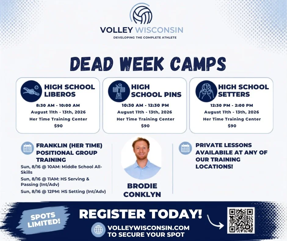 🔥 Get ready for your high school season with VolleyWisconsin! 🔥

Whether you're looking to sharpen your position-specific skills during Dead Week or continue developing throughout the fall, we've got you covered.

🏐 Dead Week Camps | August 11&nda