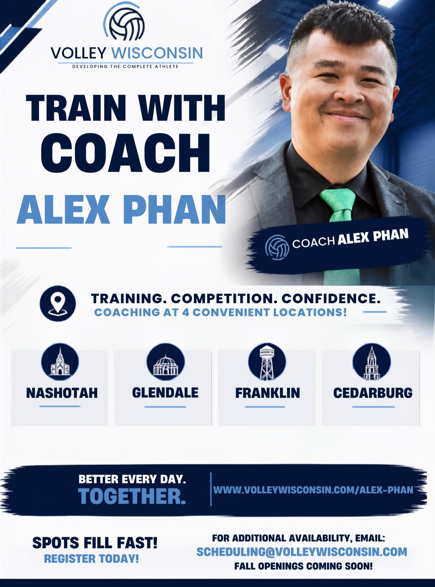 🏐 TRAIN WITH COACH ALEX PHAN! 🏐

Take your game to the next level with Coach Alex Phan and VolleyWisconsin! From skill development to competition and confidence, Alex brings a high-energy, athlete-focused approach to every session.

📍 Training ava