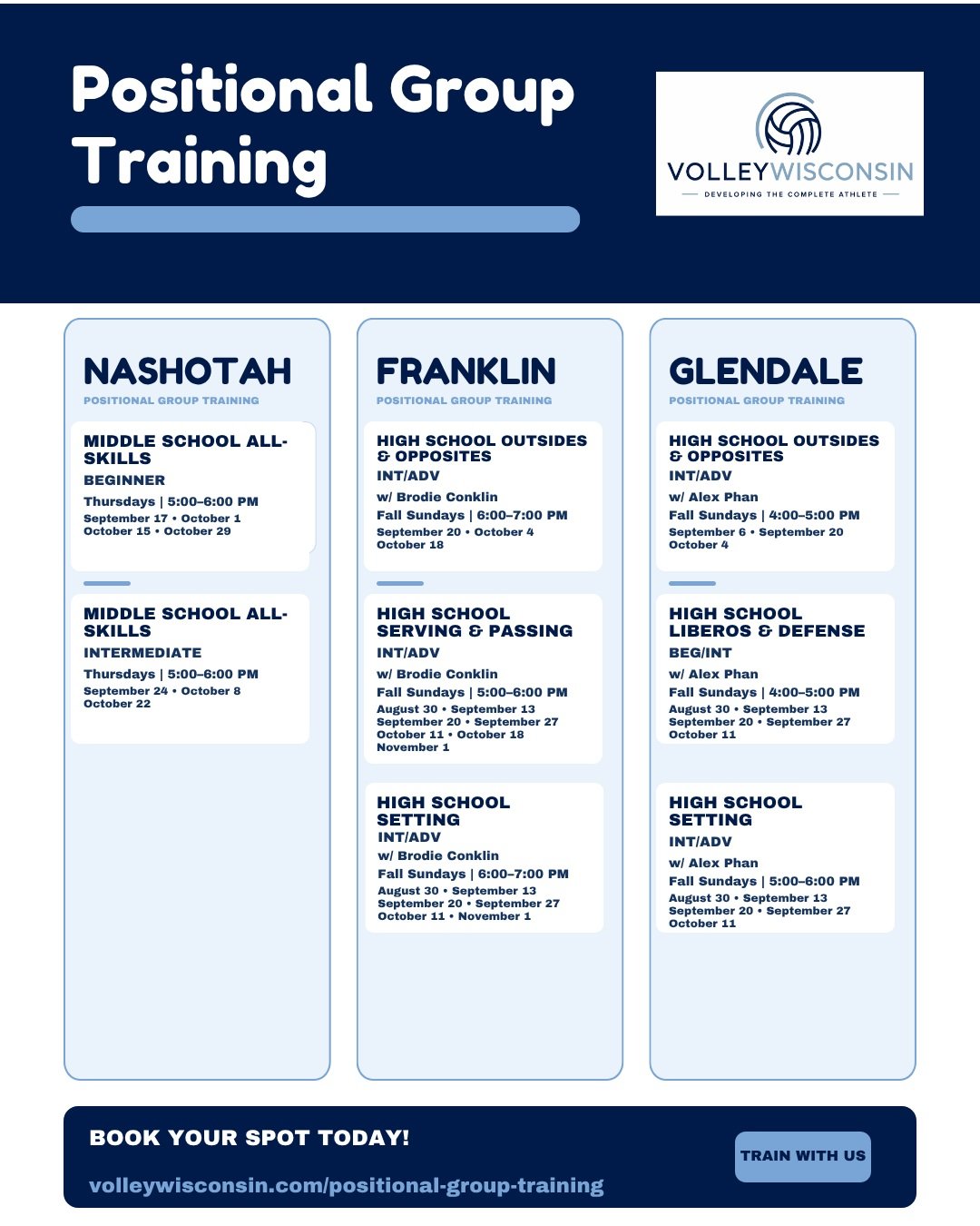 🏐 POSITIONAL GROUP TRAINING IS OPEN! 🏐

Ready to take your game to the next level? Our fall positional groups are designed to give athletes focused, high-repetition training. 💪

📍 Nashotah &mdash; Middle School All-Skills
📍 Franklin &mdash; Outs
