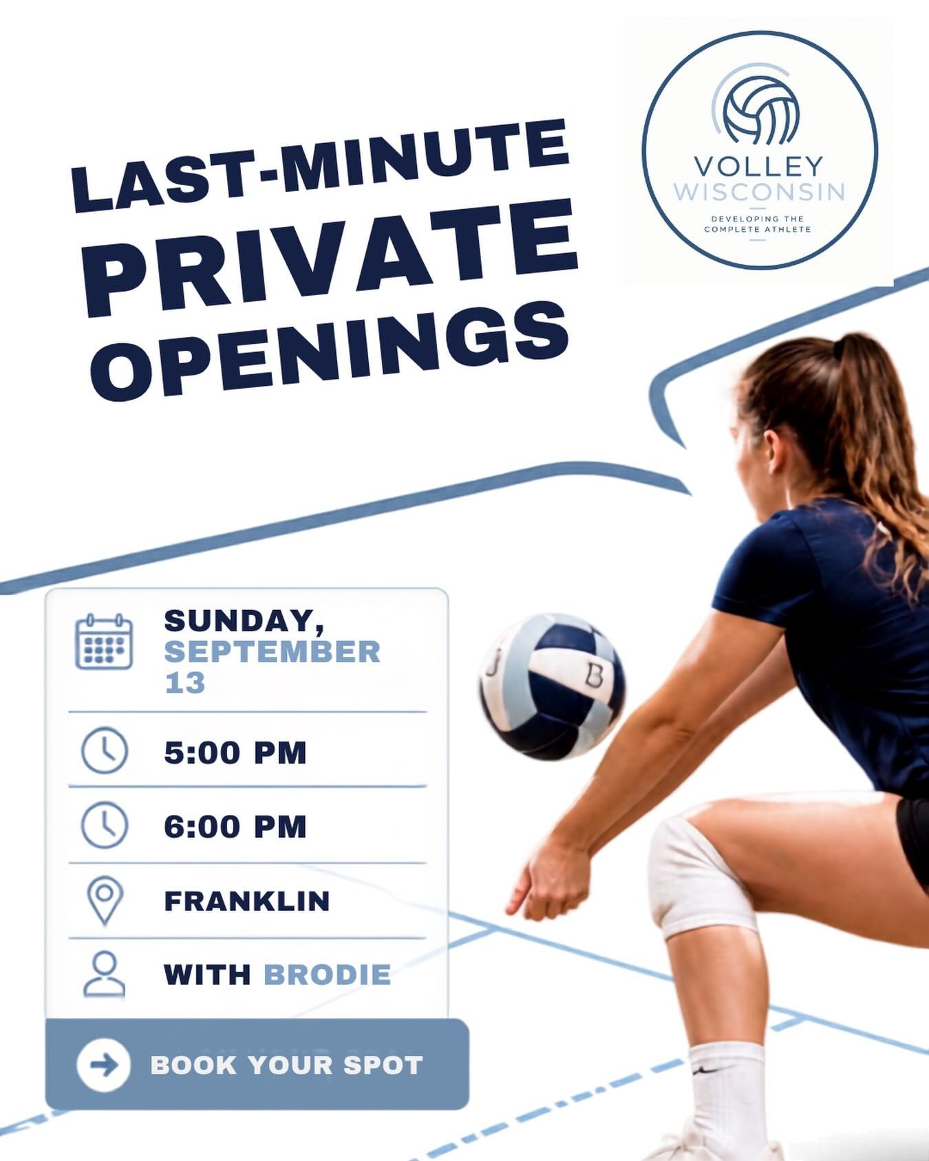 🏐 LAST-MINUTE PRIVATE LESSON OPENINGS!

Need to get some extra reps in this weekend? We have a couple of private lesson spots available with Brodie in Franklin!

📅 Sunday, September 13
⏰ 5:00 PM &amp; 6:00 PM
📍 Franklin
🏐 Private training with Br