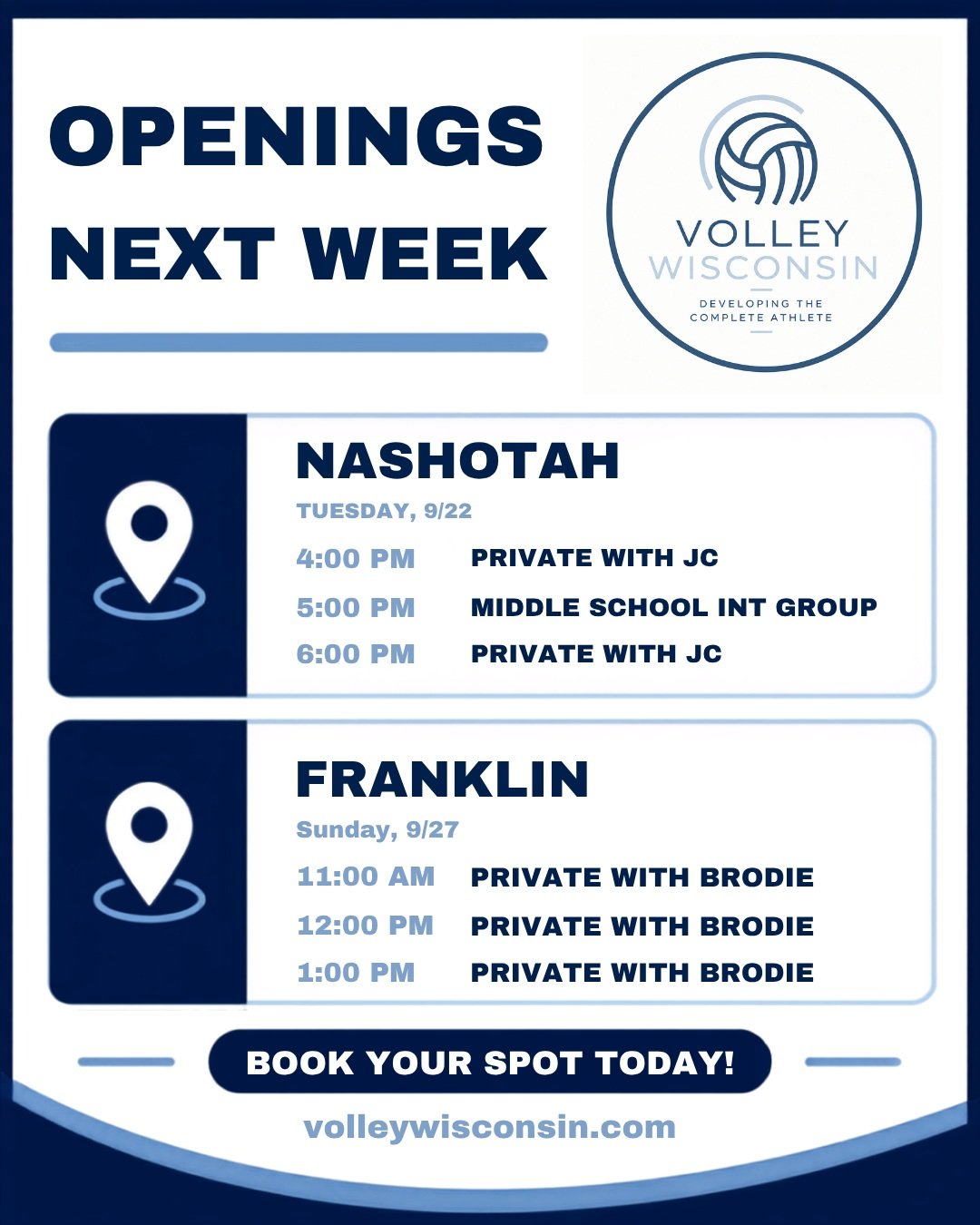 🏐 OPENINGS NEXT WEEK! 🏐

Looking to get some extra reps in? We have a few private lesson and group training openings next week in Nashotah and Franklin!

📍 Nashotah &mdash; Tuesday, 9/22
📍 Franklin &mdash; Sunday, 9/27

Whether you&rsquo;re looki