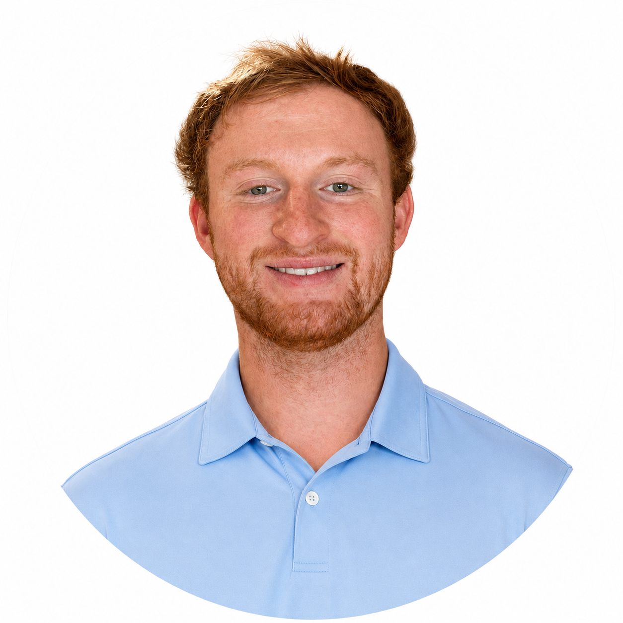 Professional headshot of a red-haired man with a beard, smiling, wearing a light blue collared shirt against a white background.