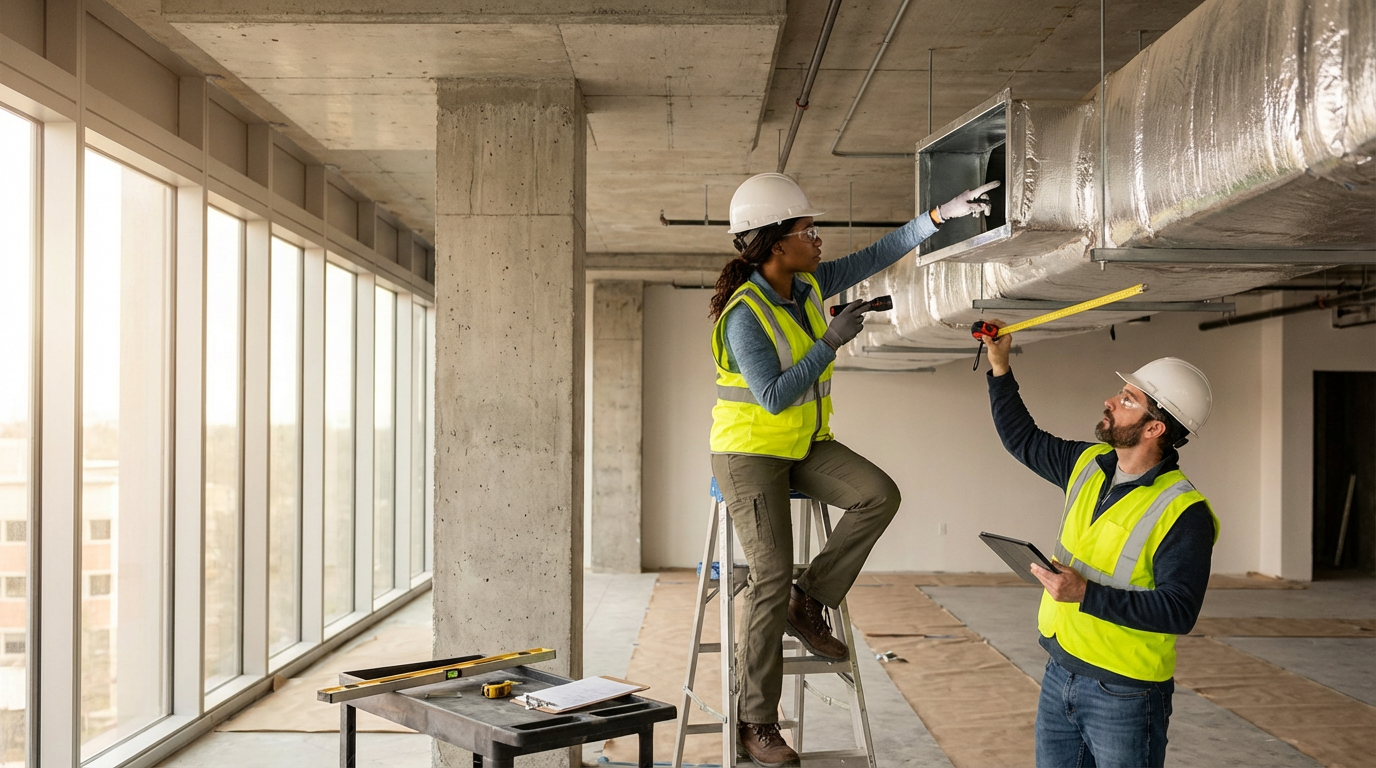 Electrical contractors working on a commercial construction project.