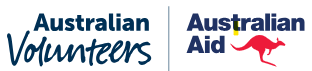 Logo of Australian Volunteers and Australian Aid, with the Australian Volunteers text on the left and Australian Aid with a kangaroo graphic on the right.