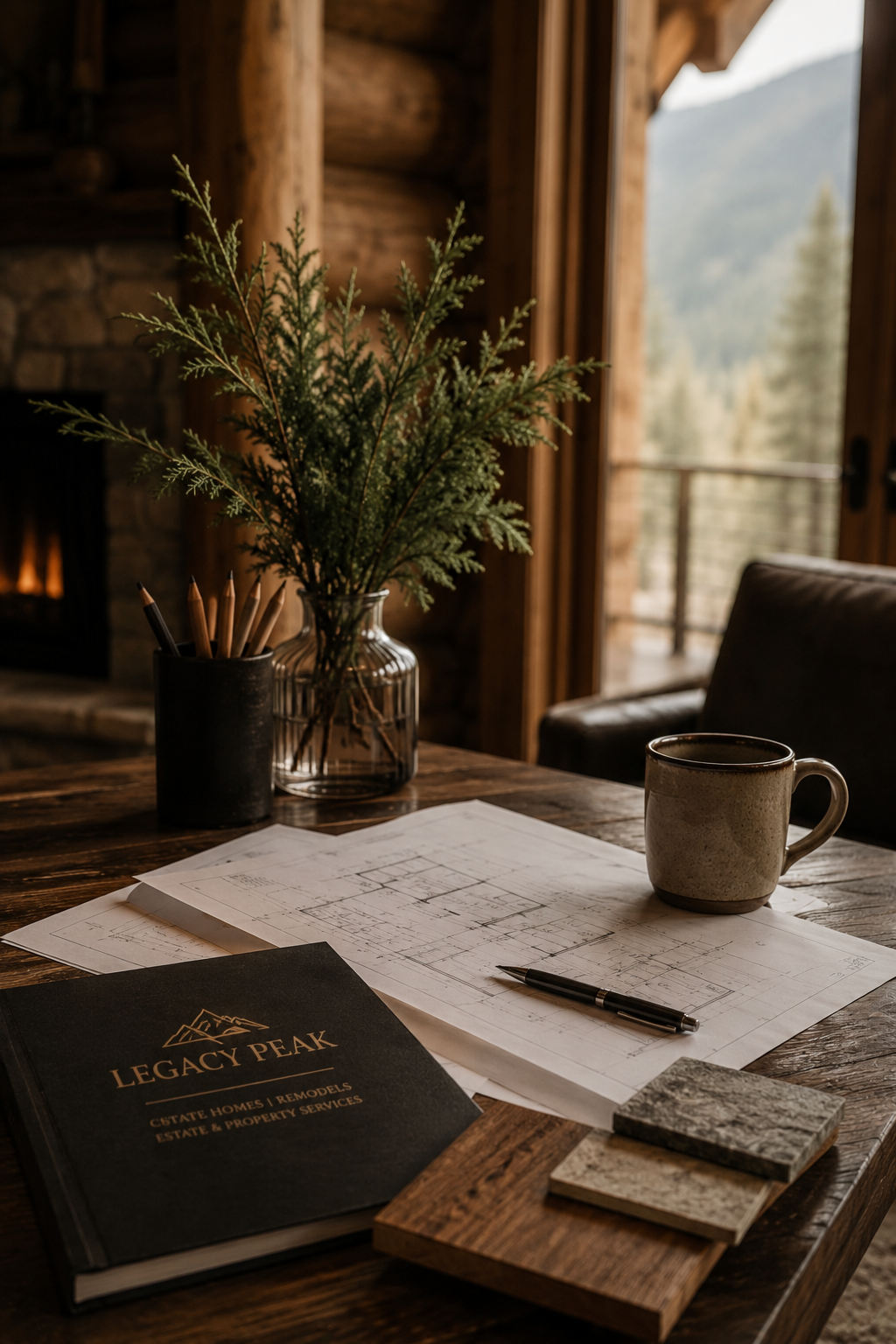 A wooden table with architectural plans, a black book labeled 'Legacy Peak', a pen, three sample tiles, a white mug, a glass vase with greenery, and a black container with pencils inside, set in a rustic cabin with a stone fireplace and mountains visible through the window.