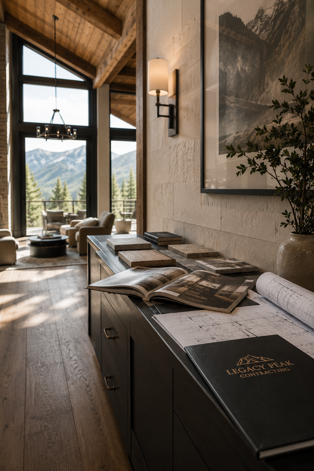 Interior of a modern mountain home with wooden accents, large windows showing a mountains and forest view, a chandelier in the living area, a wall sconce, framed mountain art, a cabinet with architectural books, blueprints, and a folder labeled 'Legacy Peak Contracting' on top.