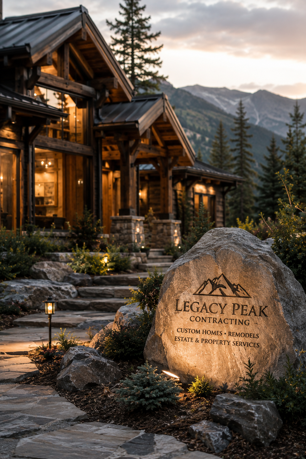 A large illuminated stone with the words "Legacy Peak Contracting, Custom Homes, Remodels, Estate & Property Services" and a mountain graphic in front of a wooden mountain-style house with stone accents, surrounded by trees and mountains in the background.