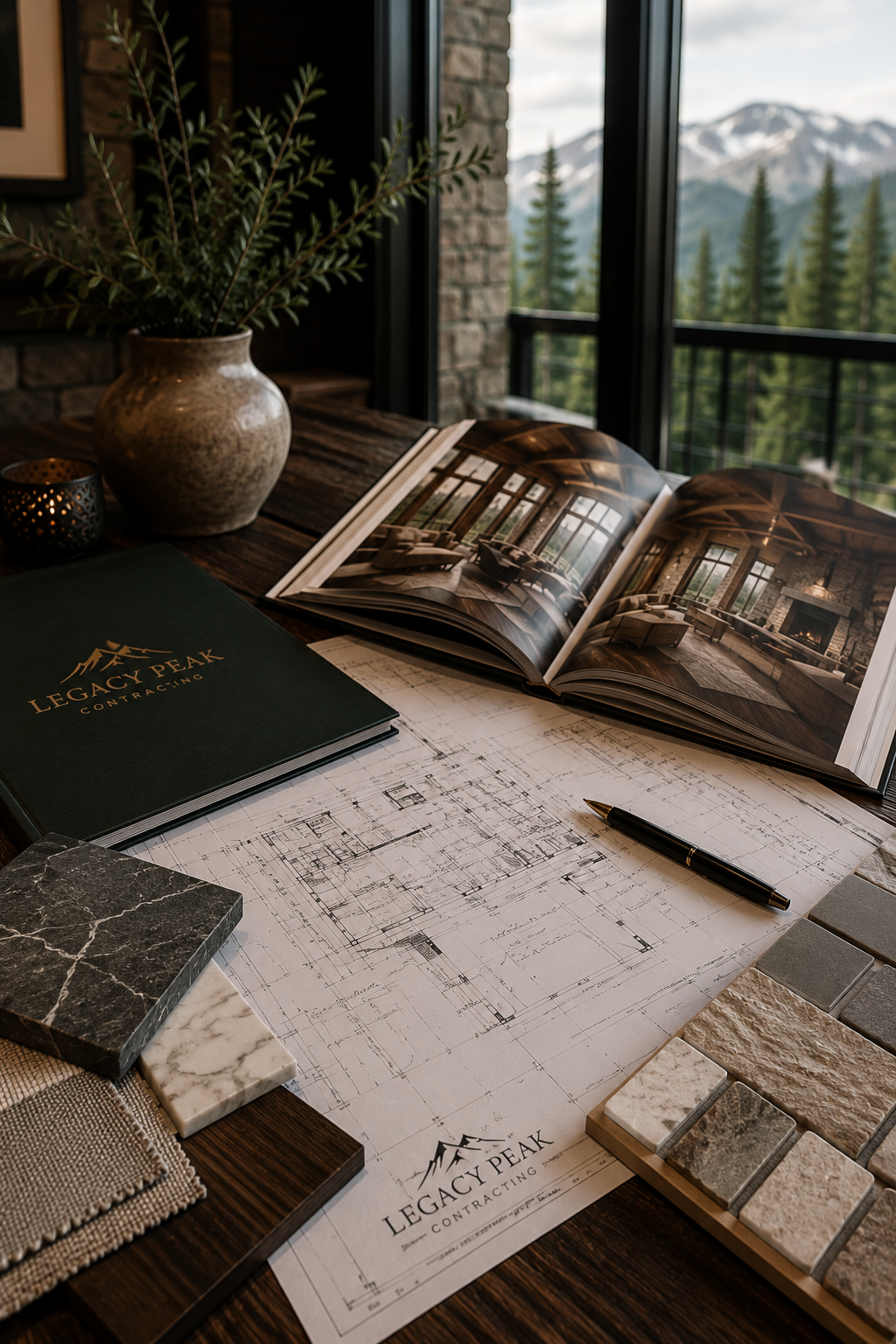 Table with Blueprints, Tile samples and Legacy Peak look book