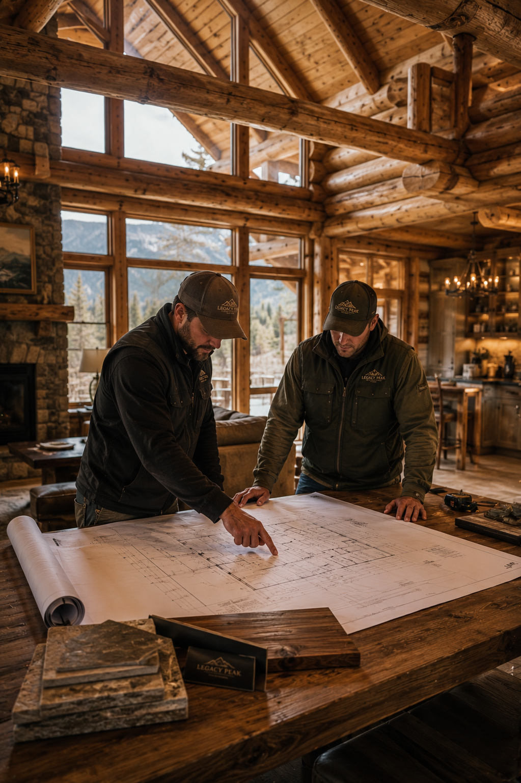 Two guys standing at table in a High End Rustic Cabin looking at Blueprints