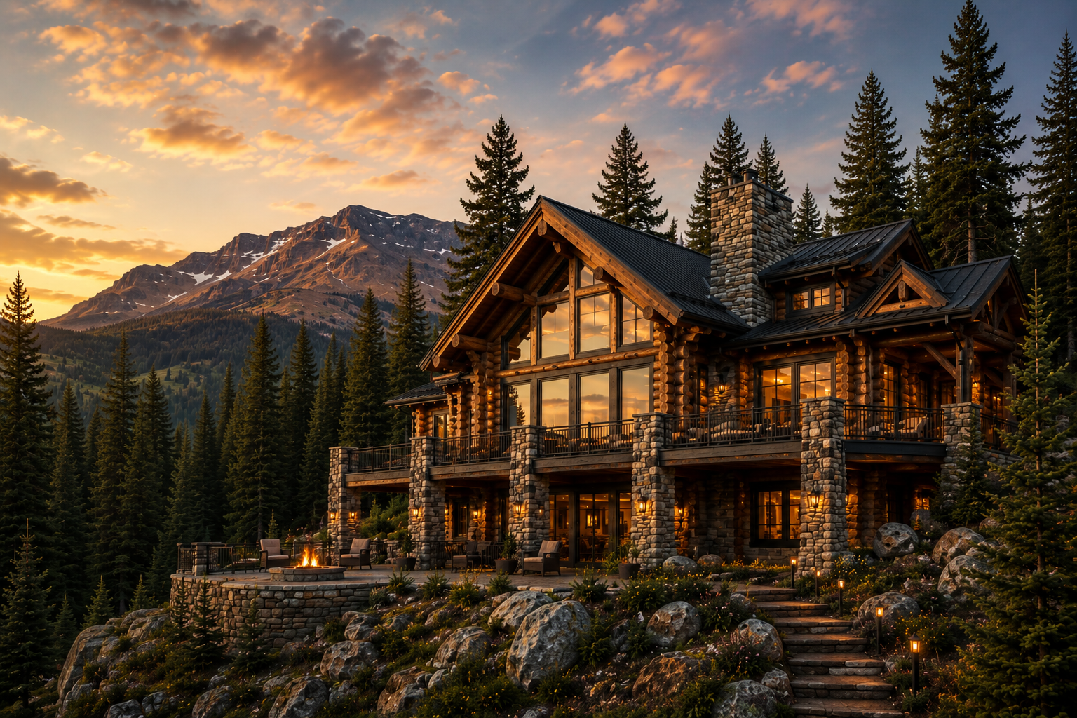 High End Rustic Cabin in the Mountains with mature Evergreen Trees around it.