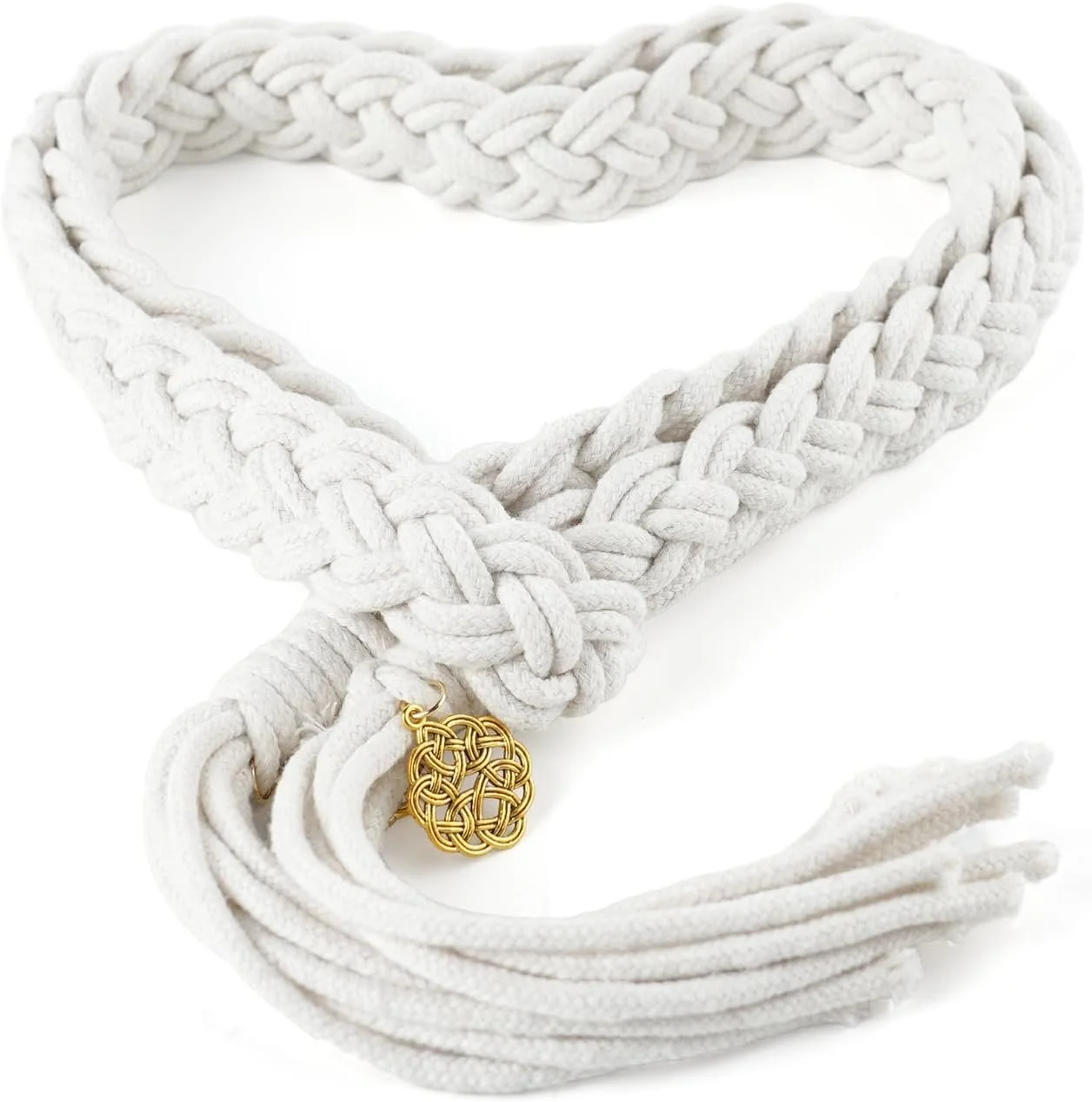 White braided rope necklace with gold pendant and tassel.