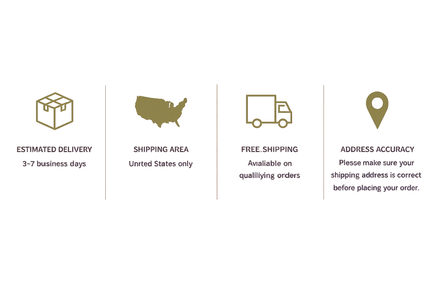 Information panel about shipping policies, including estimated delivery time, shipping area, free shipping availability, and address accuracy tips.