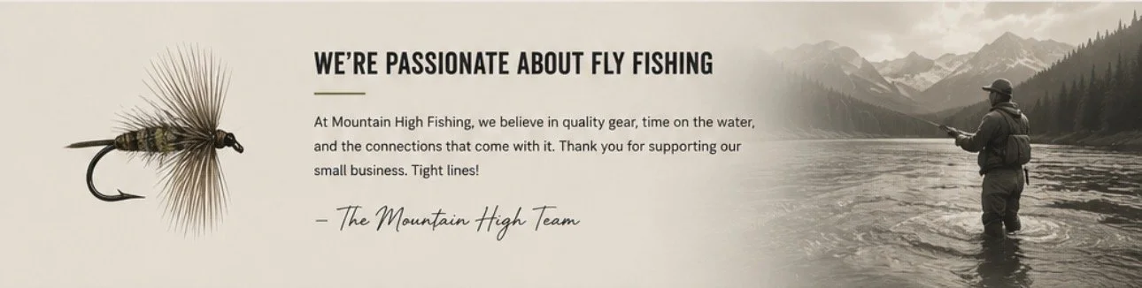 Promotional banner for Mountain High Fishing featuring a fishing fly on the left, and a man fly fishing in a river against mountainous landscape on the right.