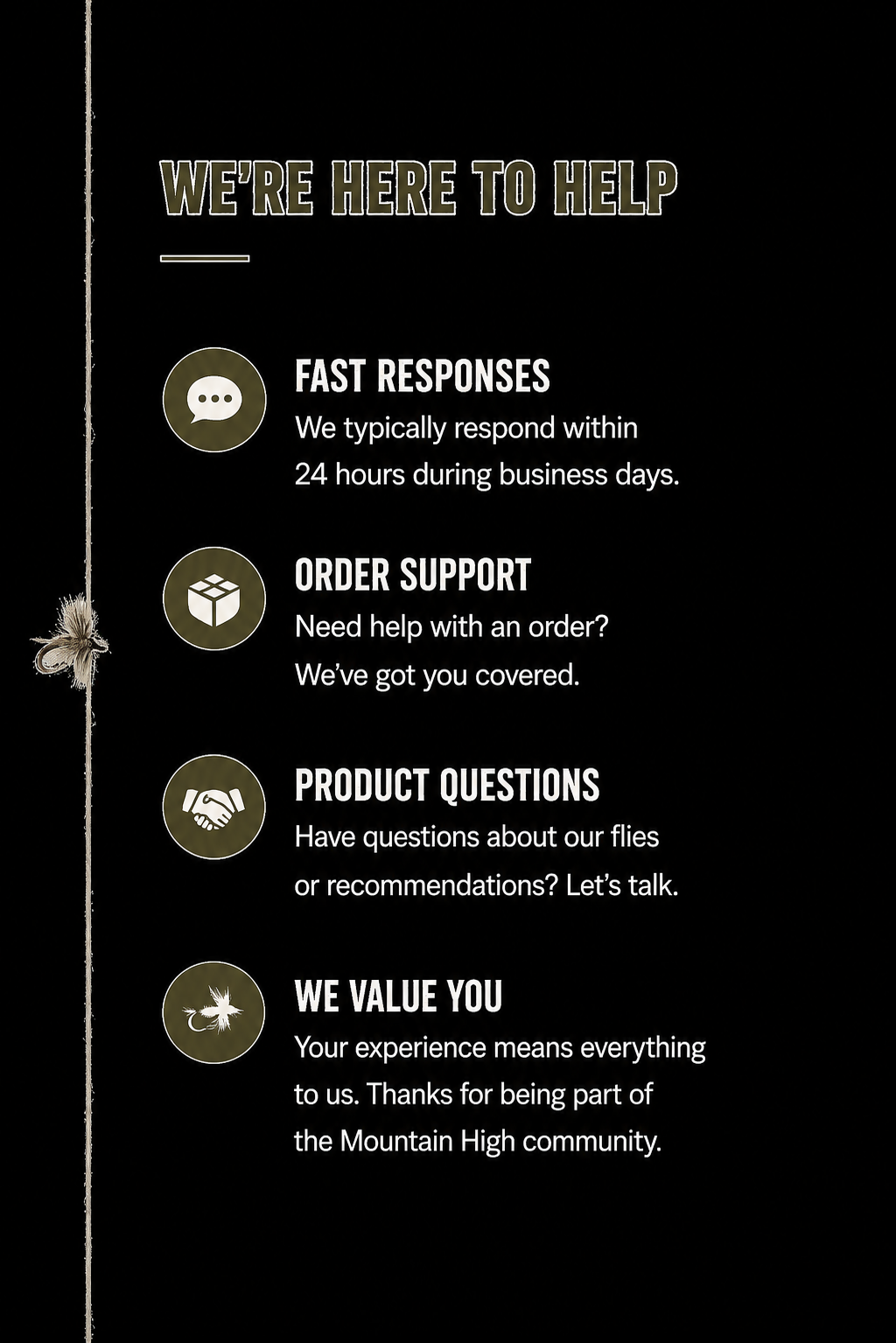 Information board with assistance details, including fast response times, order support, product questions, and valuing customer experience.