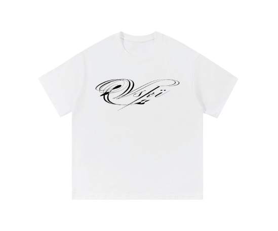 White T-shirt with black cursive text "VSKI" across the front.