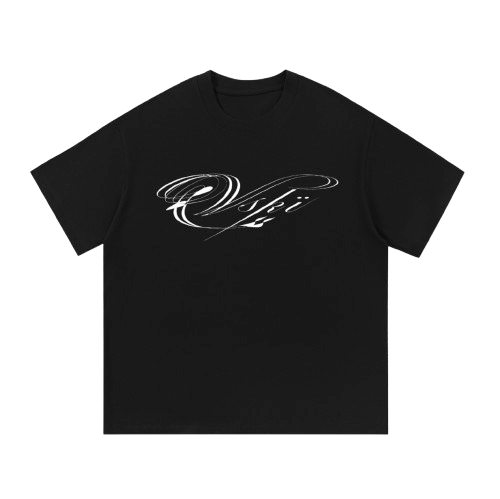 Black T-shirt with white graffiti-style script text on front.