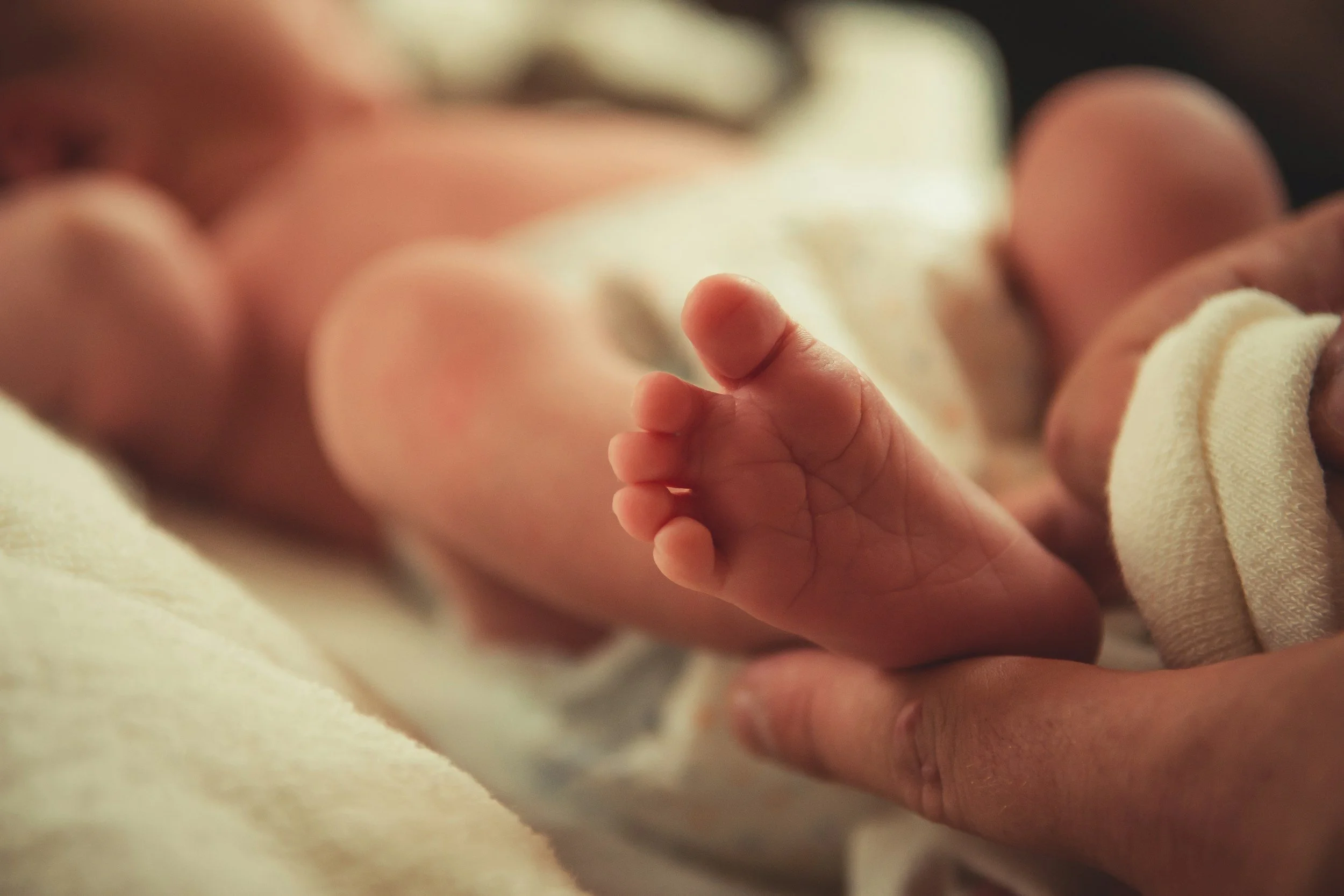 Close-up of a tiny baby's hand gripping an adult's finger, with soft focus and warm lighting.