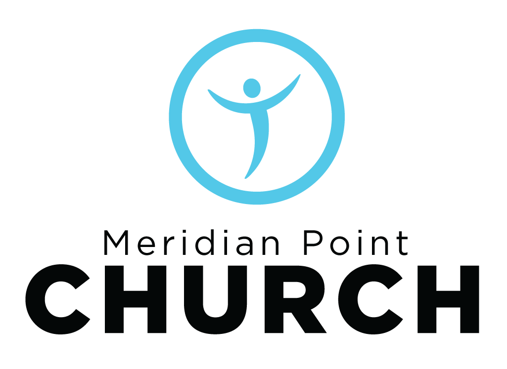 Logo for Meridian Point Church featuring a stylized human figure with arms and one leg raised inside a blue circle, with the name 'Meridian Point Church' below in black text.