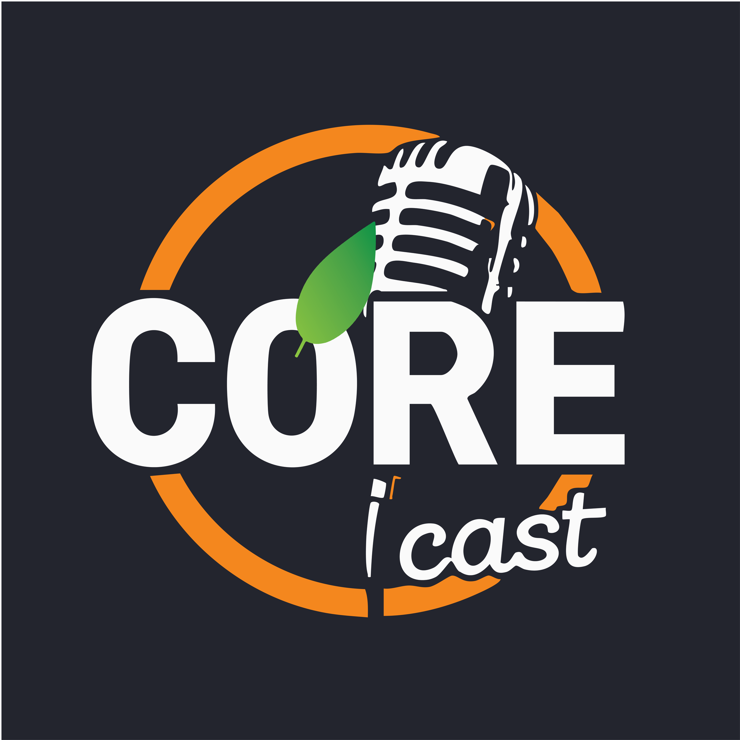 Graphic design with large white text 'CODE' and 't' and 'st,' a partial illustration of a microphone and a green leaf, and an orange circle on a dark background.